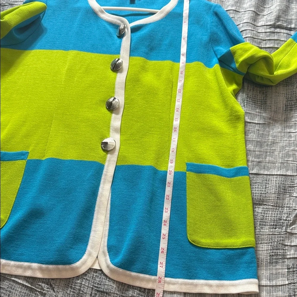 Exclusively Misook Blue and Lime Green Cardigan Sweater XL Vintage